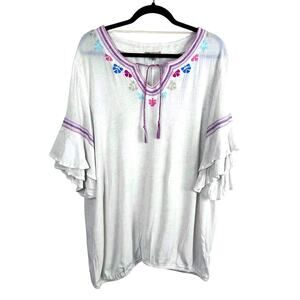 DEMOCRACY Blouse‎ Women's XL Embroidered Ruffle Sleeves Tassel (M504)